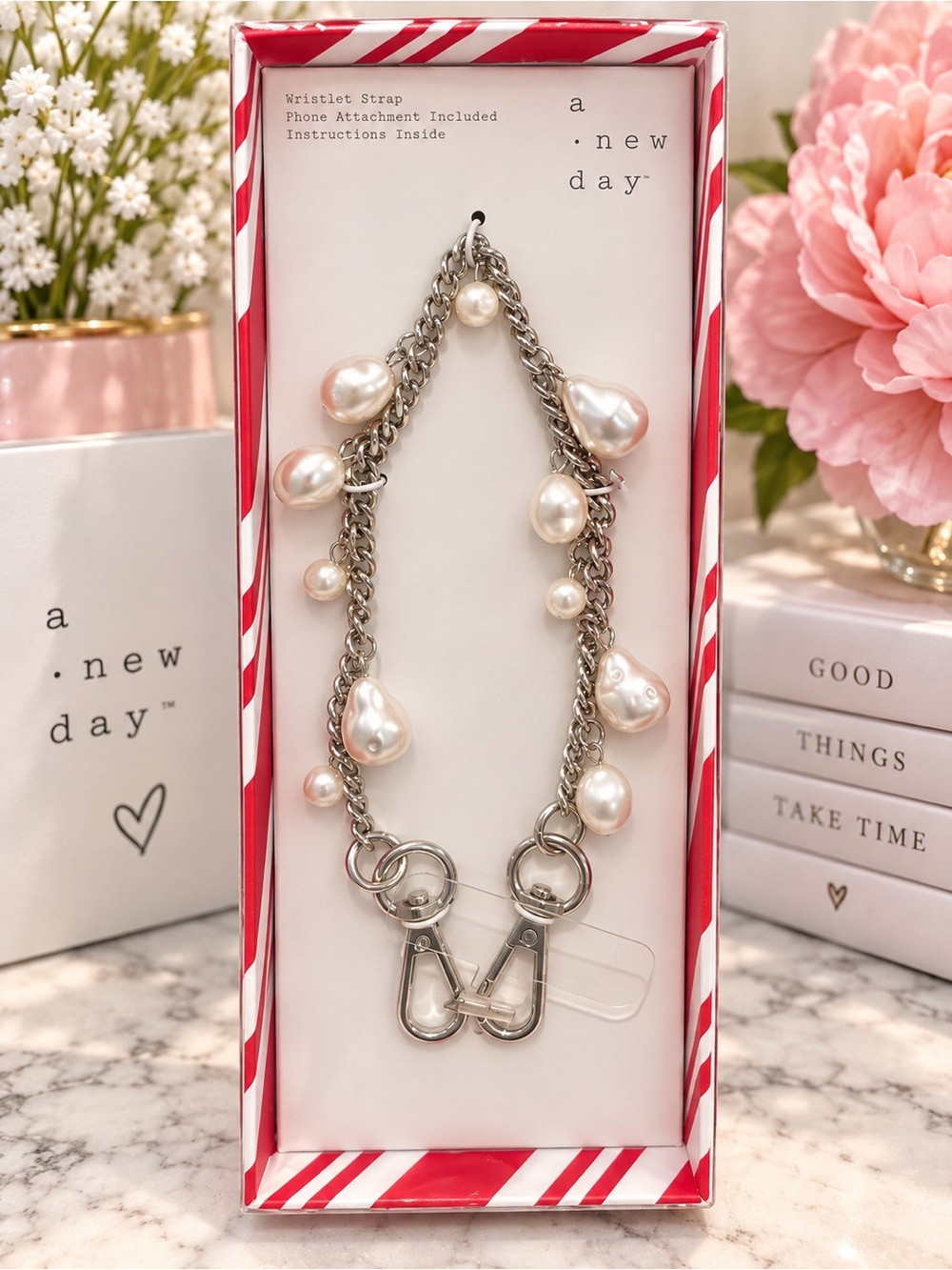 ✨ A New Day Pearl-Embellished Wristlet / Phone Strap – Silver Chain ✨